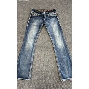 Rock Revival Blue Jeans Denim Thick Stitch Fleur De Lis Y2K - Size 31